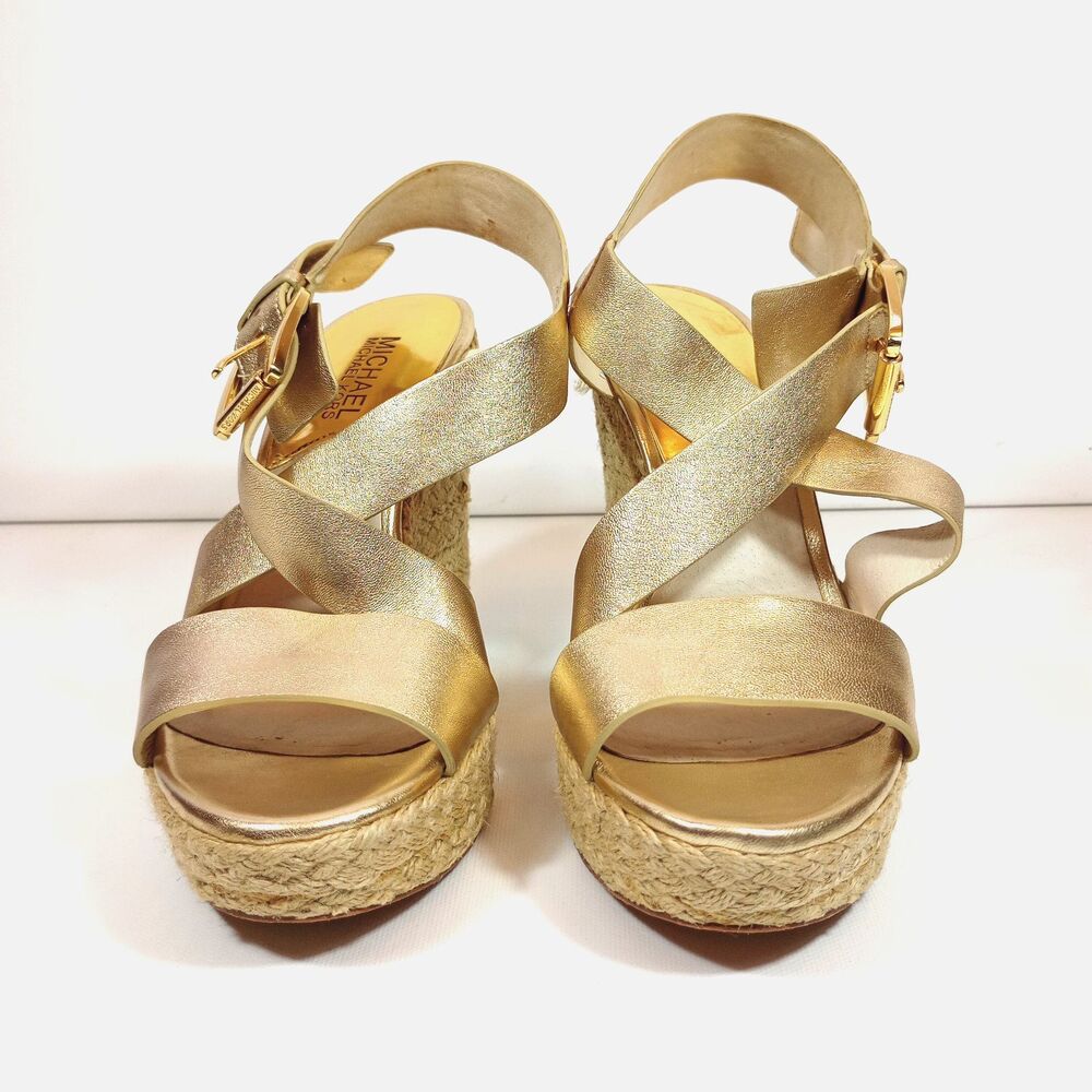 MICHAEL KORS Metallic Gold Espadrille Wedge Sandals Strappy Heels Womens Sz 6.5
